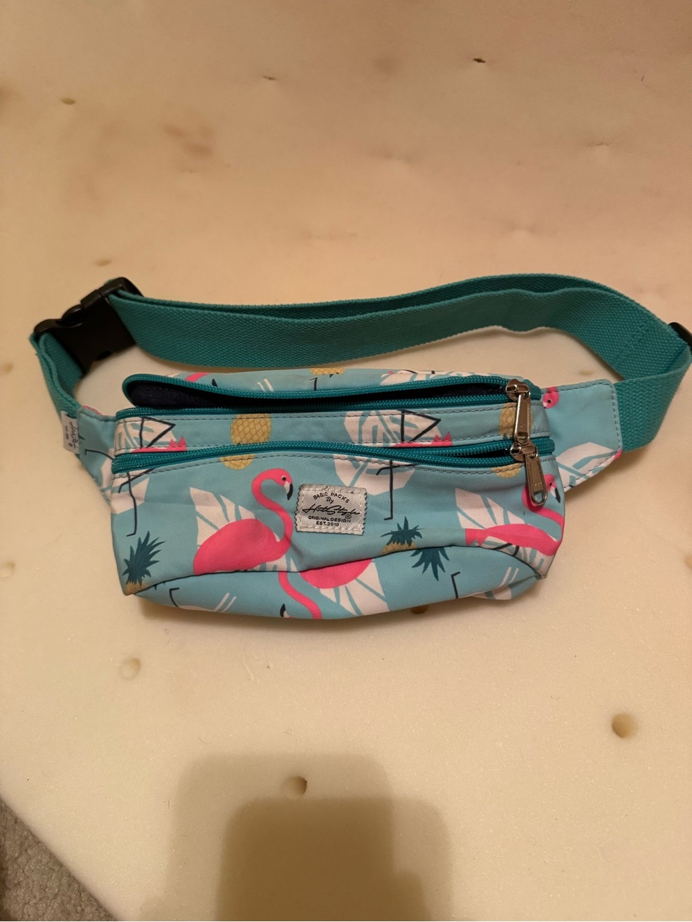 Basic Packs Flamingo Print Waist Pack Blue/Pink Zip Adjustable 2 Pockets 0-5L